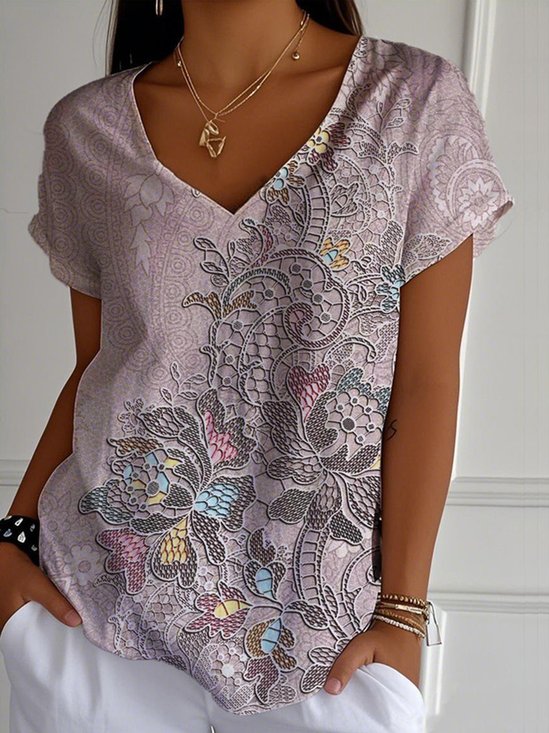 Women Paisley Short Sleeve Tee T-shirt V Neck Casual Summer Top
