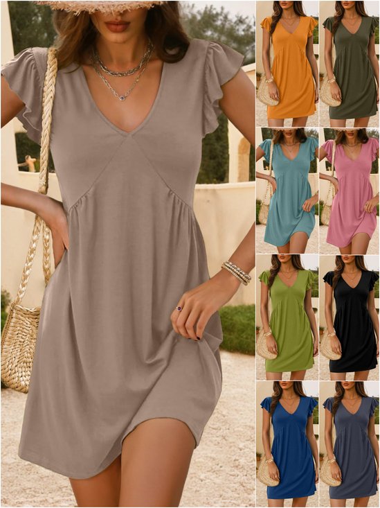 Women Plain Short Sleeve Summer Dress V Neck Daily Casual Knee Length Ruffle Skirt A-Line Dress