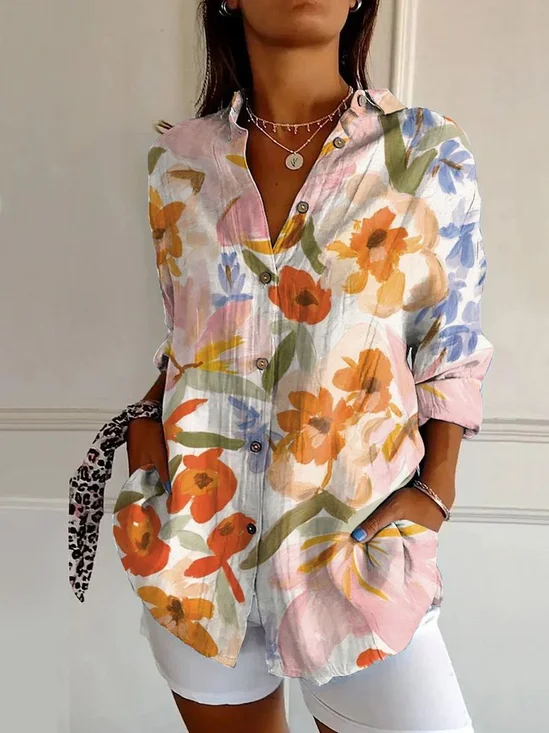 Women Floral Long Sleeve Shirt Spring/Fall Buckle Shirt Collar Daily Casual Top