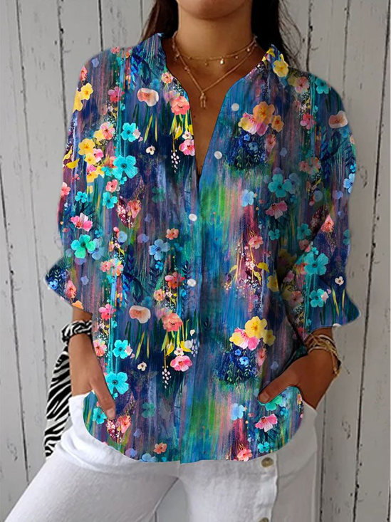Women Floral Three Quarter Sleeve Shirt Spring/Fall Printing Shirt Collar Daily Casual Top