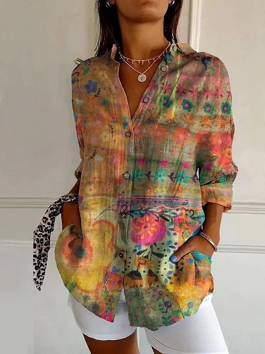 Women Floral Long Sleeve Shirt Spring/Fall Buckle Shirt Collar Daily Casual Top