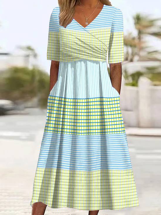 Women Striped Short Sleeve Summer Printing Dress V Neck Daily Casual Maxi A-Line Dress