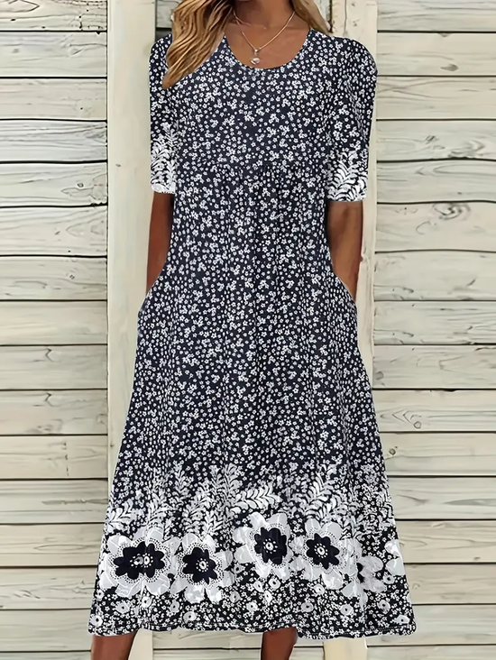 Women Floral Short Sleeve Summer Printing Dress Crew Neck Daily Casual Maxi Shift Dress H-Line Dress