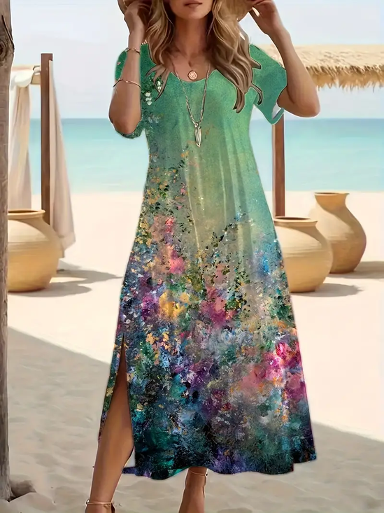 Women Floral Short Sleeve Summer Printing Dress Crew Neck Daily Casual Maxi Fit & Flare Dress A-Line Dress