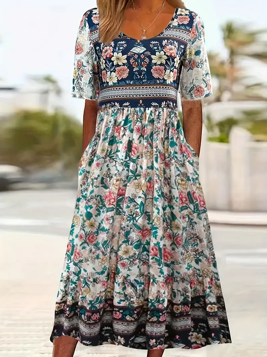Women Floral Short Sleeve Summer Printing Dress Crew Neck Daily Casual Maxi Shift Dress H-Line Dress