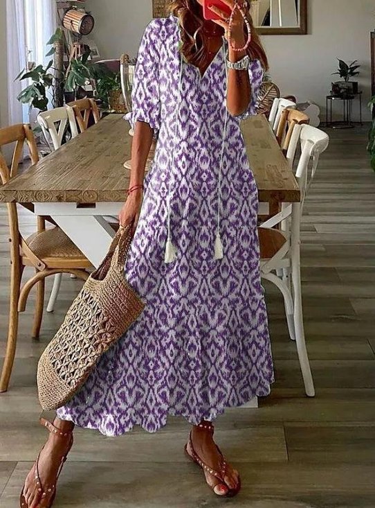 Women Geometric Half Sleeve Summer Dress V Neck Daily Casual Maxi Shirt Dress A-Line Dress