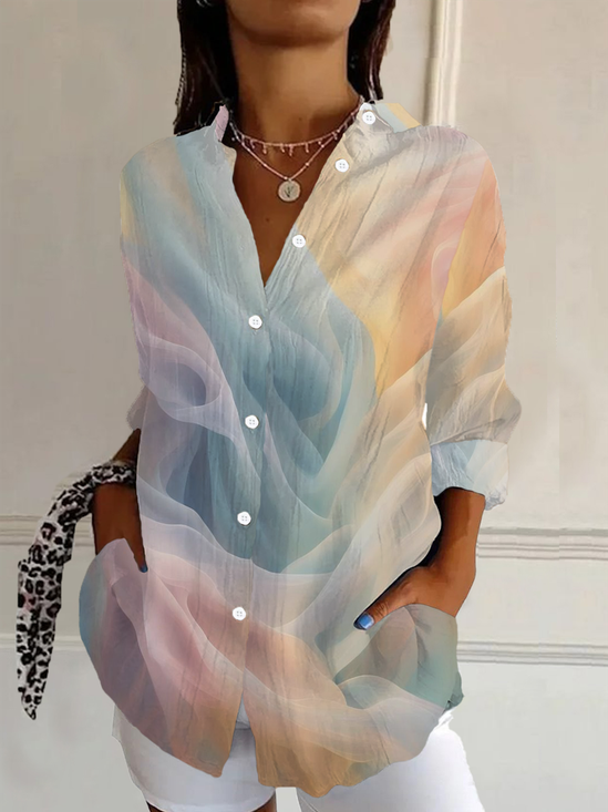 Women Ombre Long Sleeve Shirt Spring/Fall Buckle Shirt Collar Daily Casual Top