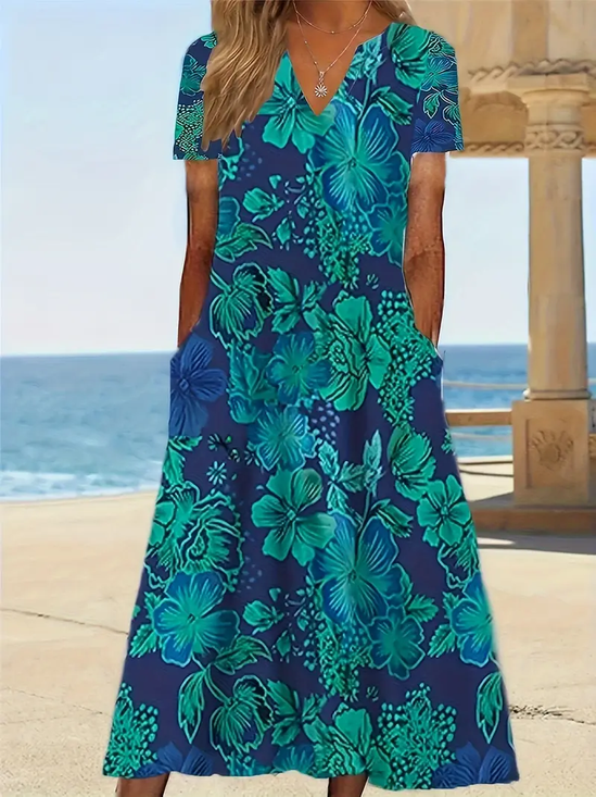 Women Floral Short Sleeve Summer Printing Dress V Neck Daily Casual Maxi Fit & Flare Dress H-Line Dress