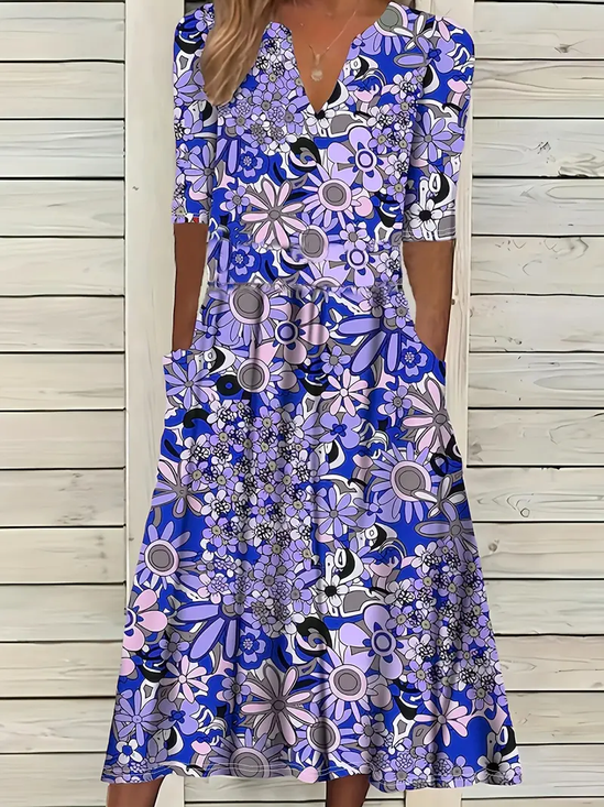 Women Floral Short Sleeve Summer Printing Dress V Neck Daily Casual Maxi Fit & Flare Dress H-Line Dress