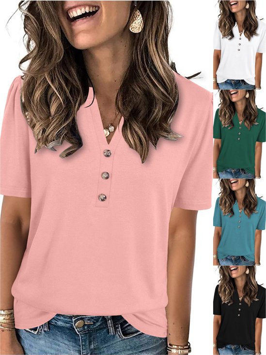 Women Plain Short Sleeve Tee T-shirt V Neck Casual Summer Top