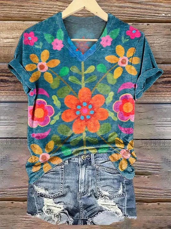 Women Floral Short Sleeve Tee T-shirt V Neck Casual Summer Top