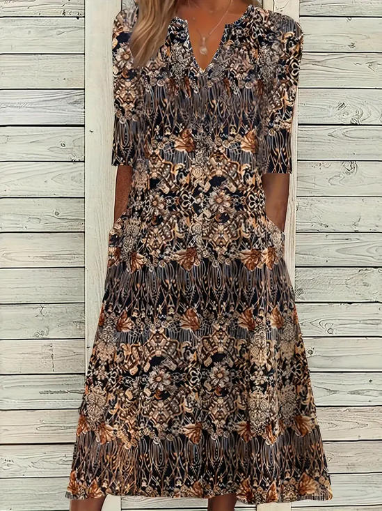 Women Floral Short Sleeve Summer Printing Dress V Neck Daily Casual Maxi Fit & Flare Dress H-Line Dress