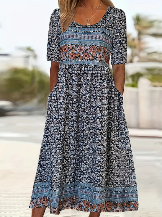 Women Floral Short Sleeve Summer Printing Dress Crew Neck Daily Casual Maxi Shift Dress H-Line Dress