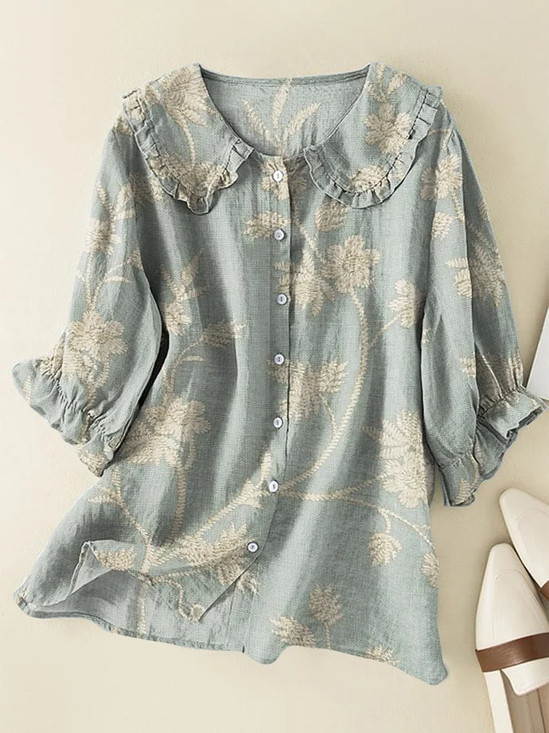 Women Floral Short Sleeve Shirt Summer Printing Shawl Collar Daily Casual Top