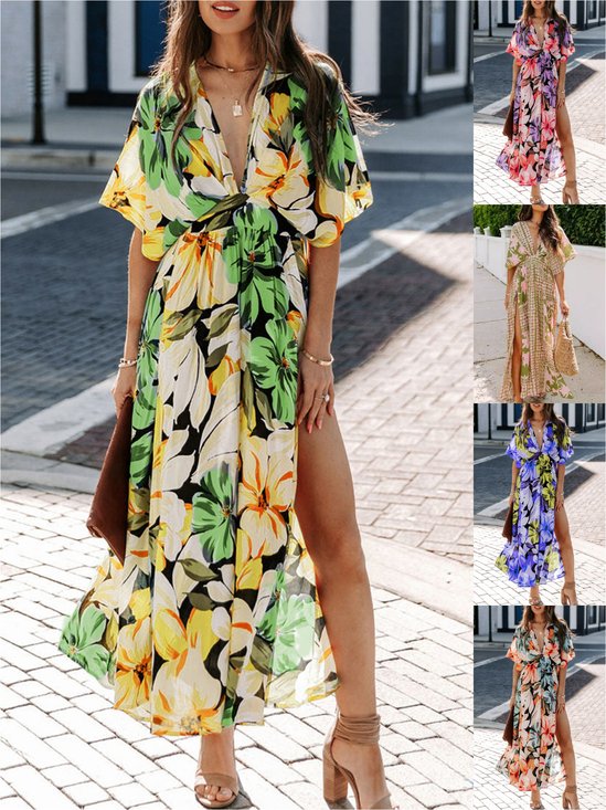 Women Floral Half Sleeve Summer Slit Dress V Neck Daily Casual Maxi Flowy Dress A-Line Dress