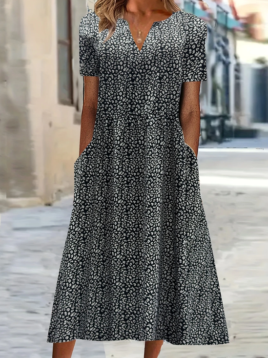 Women Leopard Short Sleeve Summer Printing Dress V Neck Daily Casual Maxi Fit & Flare Dress H-Line Dress