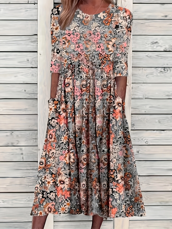 Women Floral Short Sleeve Summer Printing Dress Crew Neck Daily Casual Maxi Shift Dress H-Line Dress