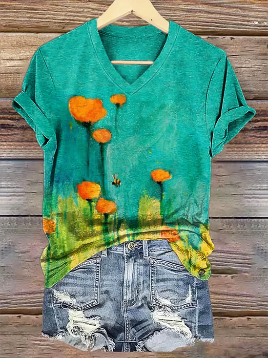 Women Floral Short Sleeve Tee T-shirt V Neck Printing Casual Summer Graphic Tee Top