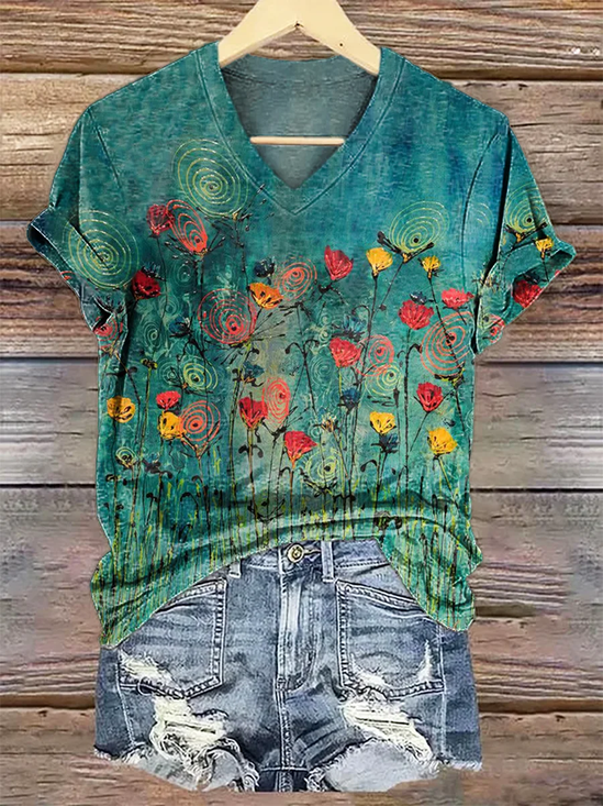 Women Floral Short Sleeve Tee T-shirt V Neck Printing Casual Summer Graphic Tee Top