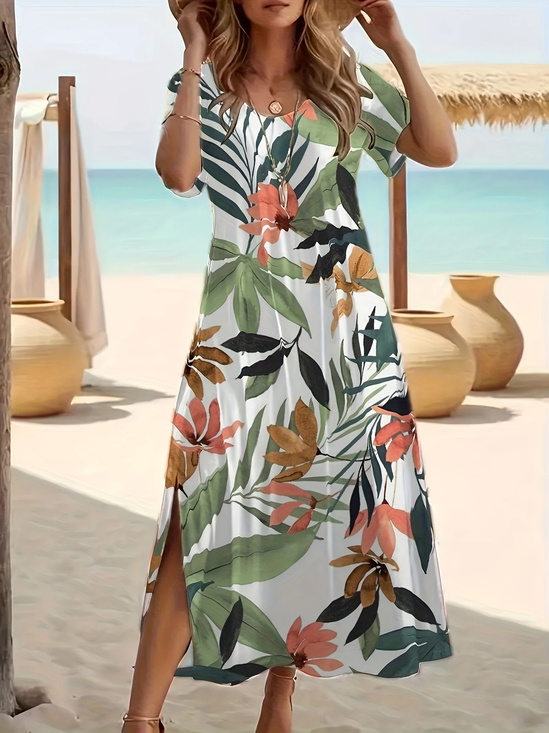 Women Floral Short Sleeve Summer Printing Dress Crew Neck Daily Casual Maxi Fit & Flare Dress A-Line Dress