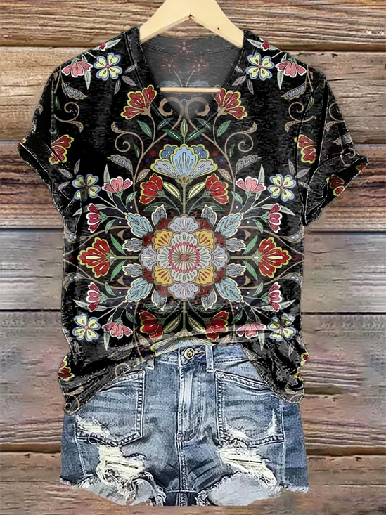 Women Floral Short Sleeve Tee T-shirt V Neck Casual Summer Graphic Tee Top