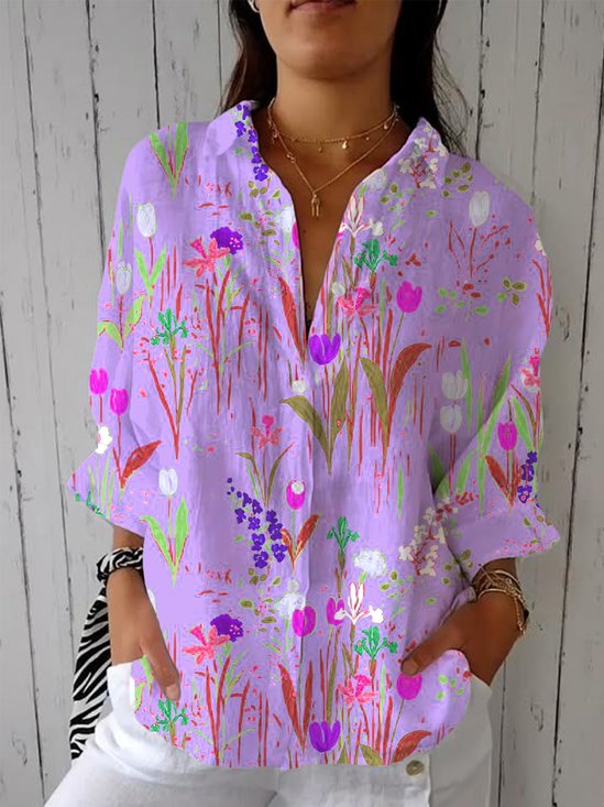 Women Floral Three Quarter Sleeve Shirt Spring/Fall Shirt Collar Holiday Casual Top
