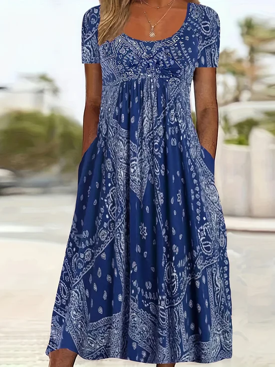 Women Floral Short Sleeve Summer Printing Dress Crew Neck Daily Casual Maxi Shift Dress H-Line Dress