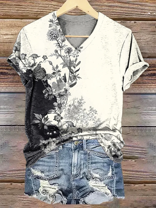 Women Floral Short Sleeve Tee T-shirt V Neck Printing Casual Summer Graphic Tee Top