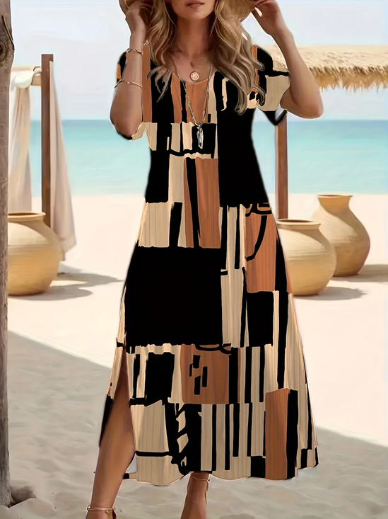 Women Geometric Short Sleeve Summer Printing Dress Crew Neck Daily Casual Maxi Fit & Flare Dress A-Line Dress