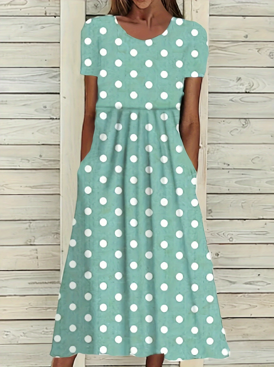Women Polka Dots Short Sleeve Summer Printing Dress Crew Neck Daily Casual Maxi Shift Dress H-Line Dress