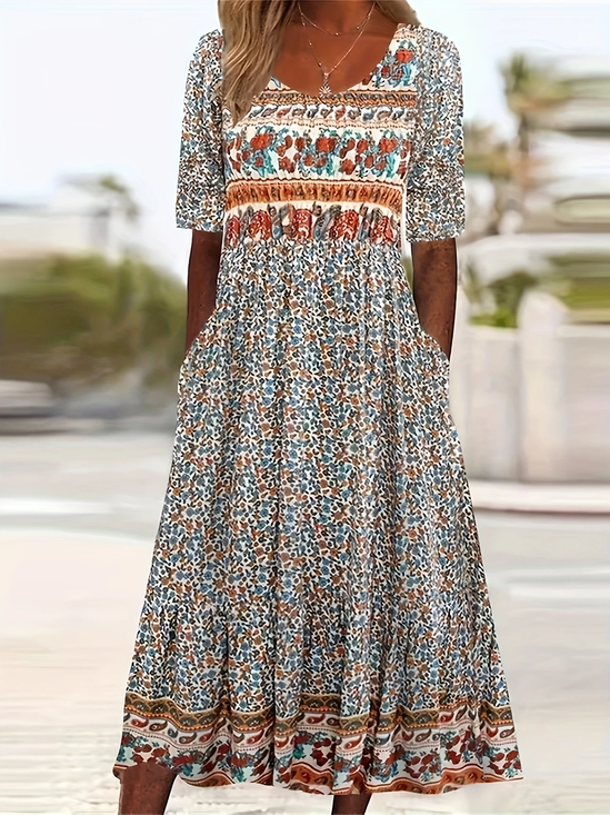 Women Floral Short Sleeve Summer Printing Dress Crew Neck Daily Casual Maxi Shift Dress H-Line Dress