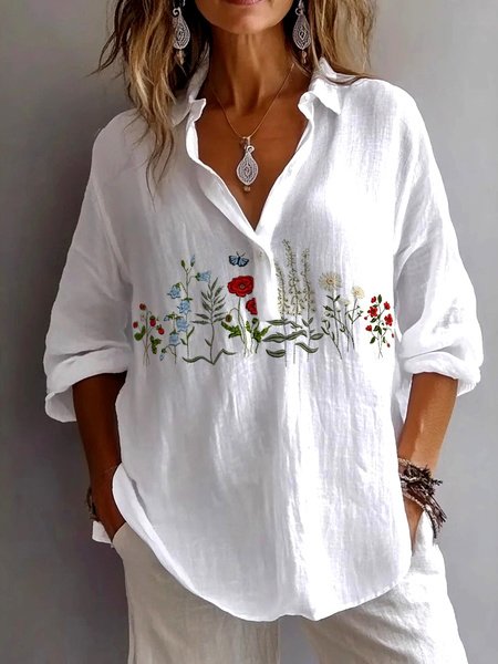 Women Plain Long Sleeve Shirt Spring/Fall Shirt Collar Daily Casual Top