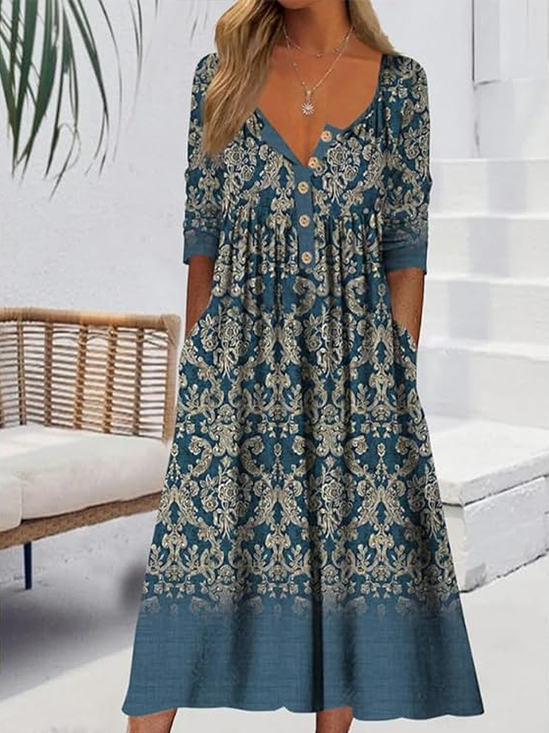 Women Floral Half Sleeve Summer Printing Dress Half Open Collar Daily Casual Maxi A-Line Dress