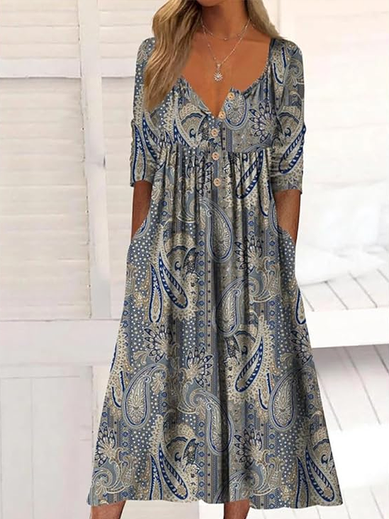 Women Paisley Half Sleeve Summer Printing Dress Half Open Collar Daily Casual Maxi A-Line Dress