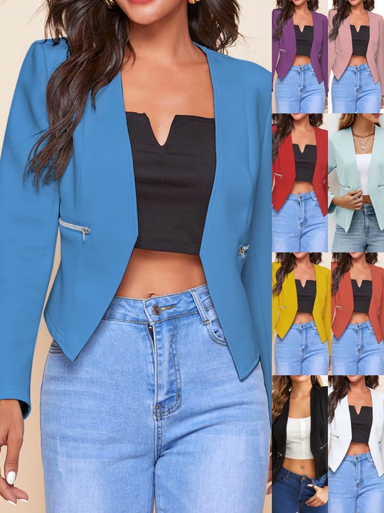 Women Plain Spring/Fall Outerwear Casual Zipper Long Sleeve Crop Blazer