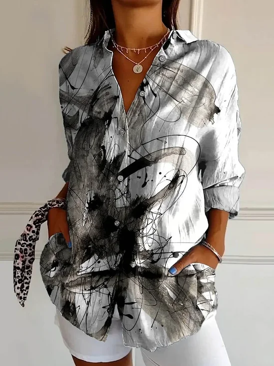 Women Abstract Long Sleeve Shirt Spring/Fall Buckle Shirt Collar Daily Casual Top