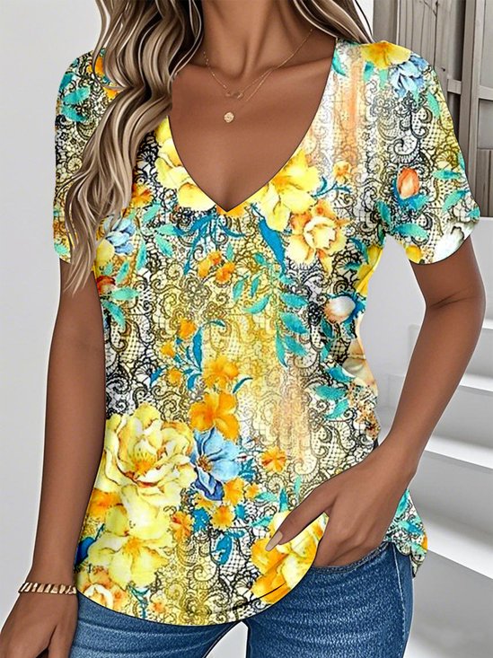 Women Botanical Pattern Short Sleeve Tee T-shirt V Neck Vintage Summer Top