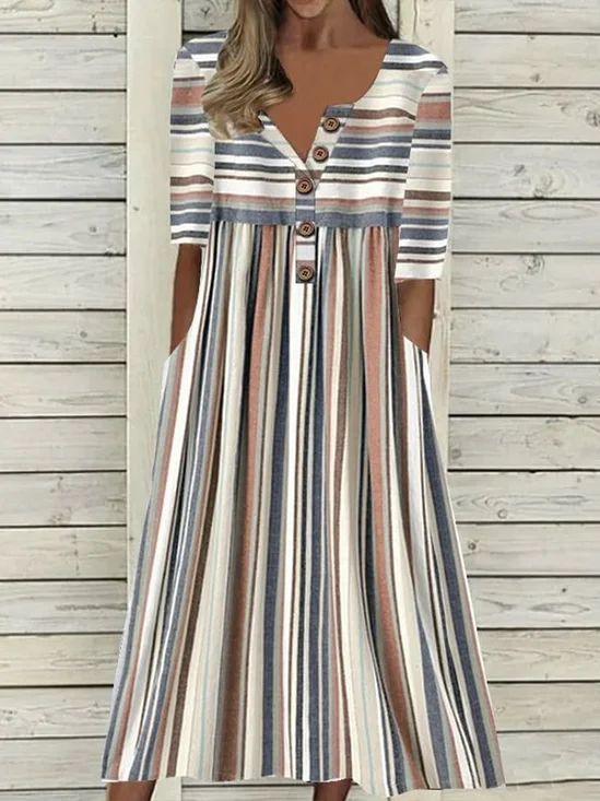 Women Striped Half Sleeve Summer Printing Dress Half Open Collar Daily Casual Maxi A-Line Dress