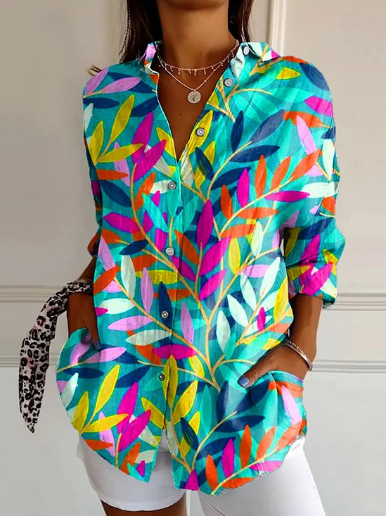 Women Floral Long Sleeve Shirt Spring/Fall Buckle Shirt Collar Daily Casual Top