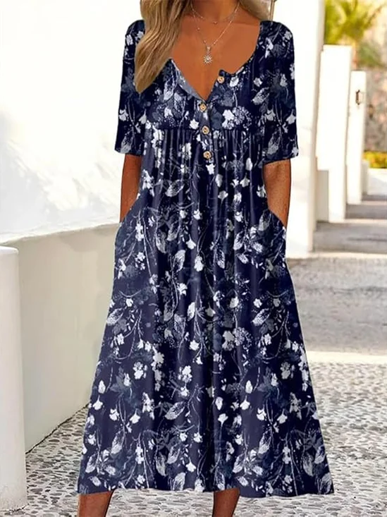 Women Floral Half Sleeve Summer Printing Dress Half Open Collar Daily Casual Maxi A-Line Dress