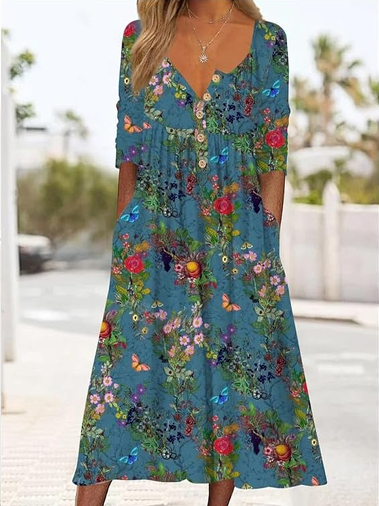 Women Floral Half Sleeve Summer Printing Dress Half Open Collar Daily Casual Maxi A-Line Dress