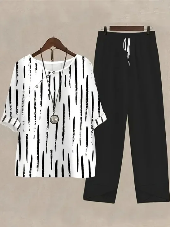 Women Striped Printing Two-Piece Set Daily Half Sleeve Casual Summer Top With Pants Matching Set