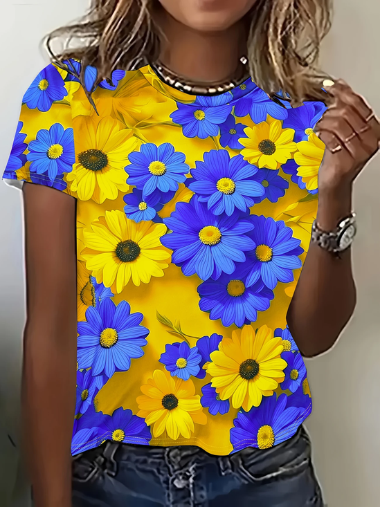 Women Floral Short Sleeve Tee T-shirt Crew Neck Printing Casual Summer Graphic Tee Top