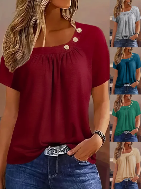 Women Plain Short Sleeve Tee T-shirt Crew Neck Buckle Casual Summer Top