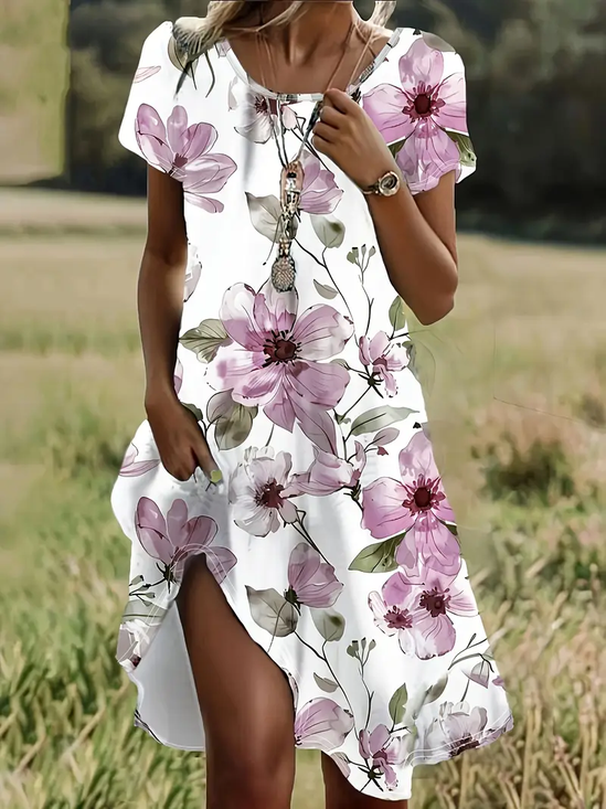 Women Floral Short Sleeve Summer Printing Dress Crew Neck Daily Casual Mini Tunic H-Line Dress