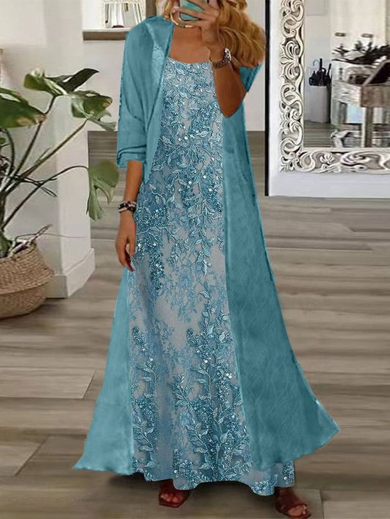 Women Floral Printing Two-Piece Set Daily Three Quarter Sleeve Casual Spring/Fall Dress With Coat Matching Set