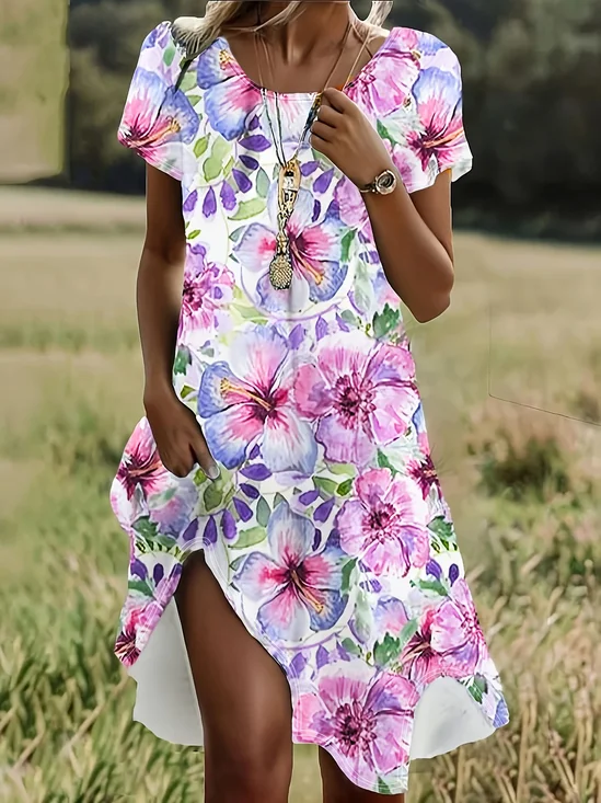 Women Floral Short Sleeve Summer Printing Dress Crew Neck Daily Casual Mini Tunic H-Line Dress
