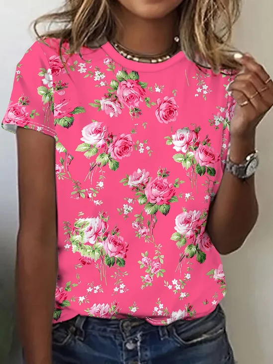 Women Floral Short Sleeve Tee T-shirt Crew Neck Printing Casual Summer Graphic Tee Top
