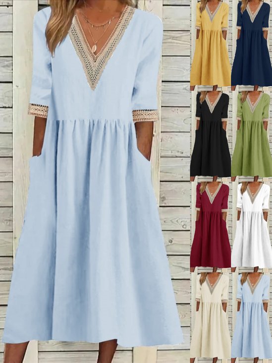 Women Plain Half Sleeve Summer Split Joint Dress V Neck Daily Casual Maxi Fit & Flare Dress A-Line Dress