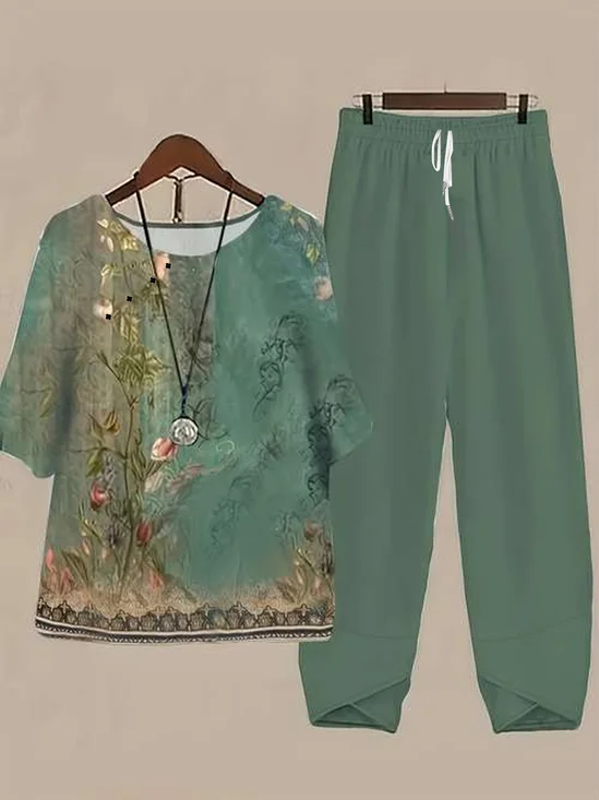 Women Floral Printing Two-Piece Set Daily Half Sleeve Casual Summer Top With Pants Matching Set